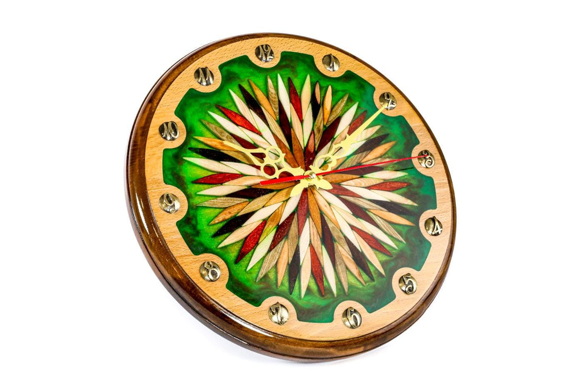 Wooden Wall Clock with Ornamental Starburst & Green Epoxy, 35 cm
