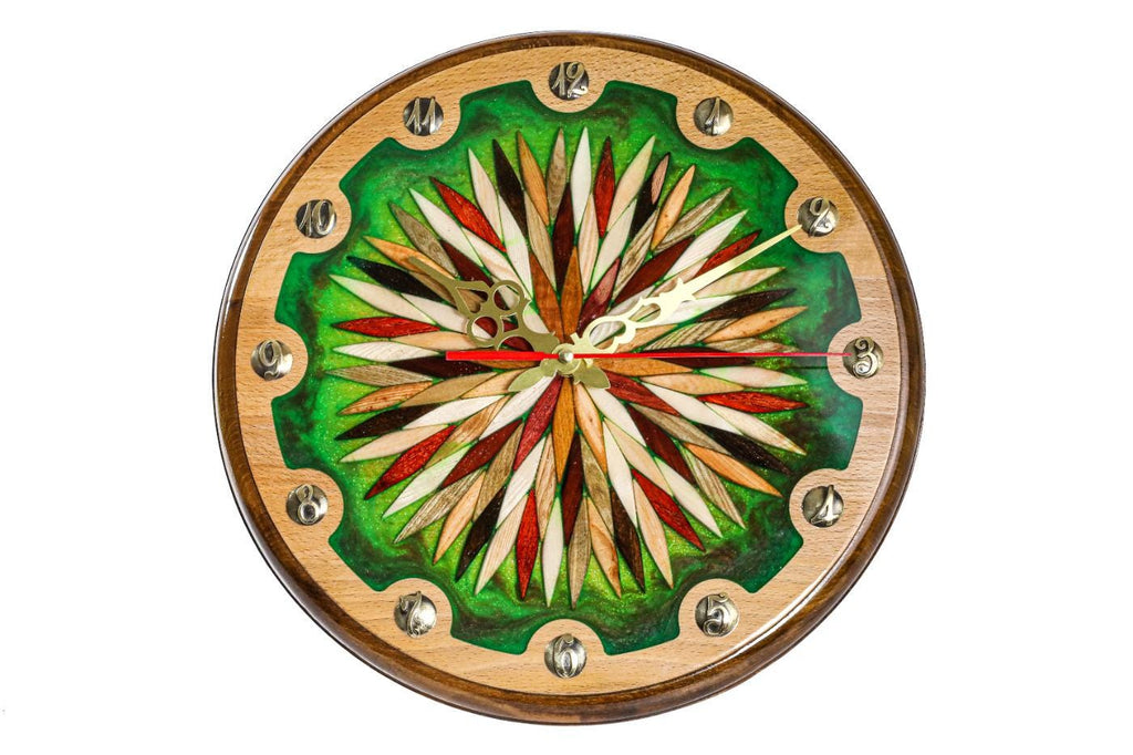 Wooden Wall Clock with Ornamental Starburst & Green Epoxy, 35 cm – photo 3