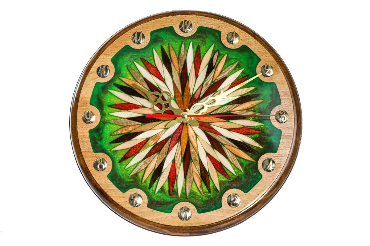 Wooden Wall Clock with Ornamental Starburst & Green Epoxy, 35 cm – photo 3