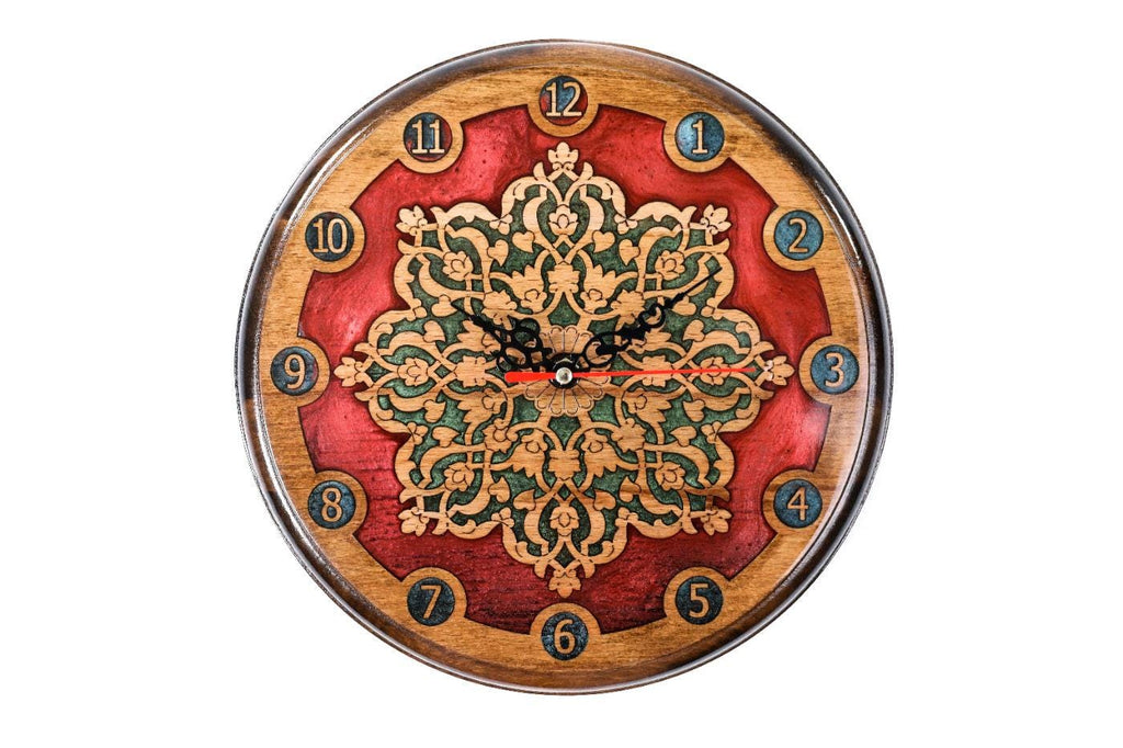 Wooden Wall Clock with Armenian Ornament & Red Epoxy, 25 cm