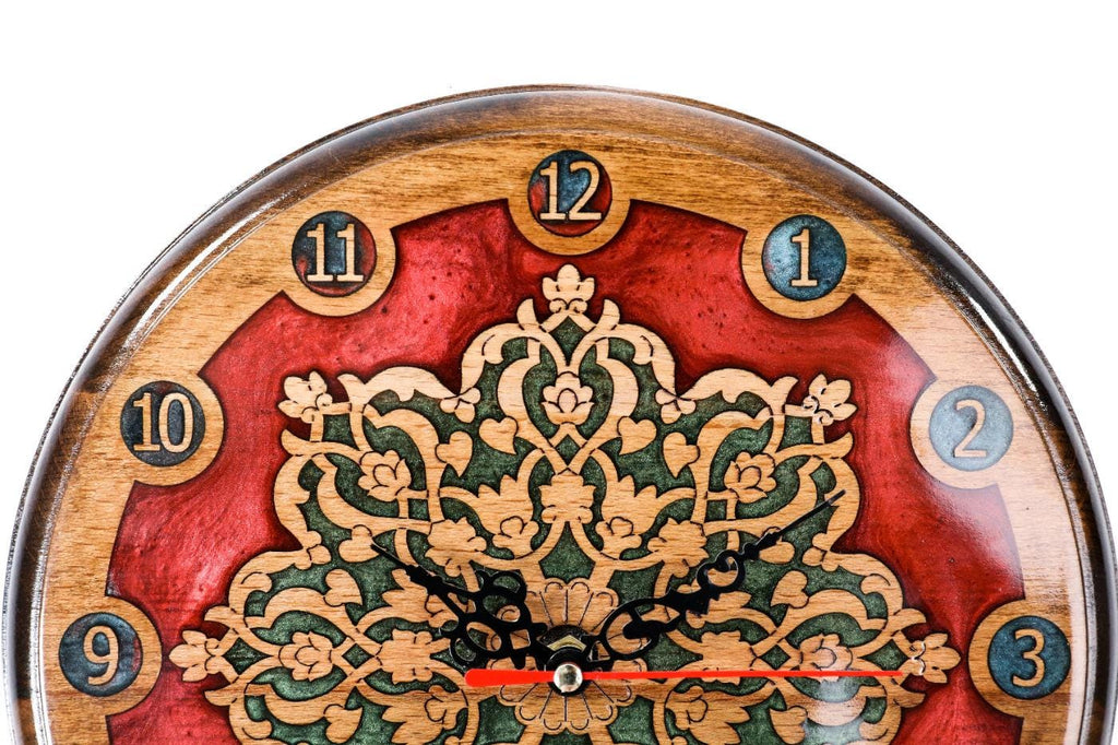 Wooden Wall Clock with Armenian Ornament & Red Epoxy, 25 cm – photo 2
