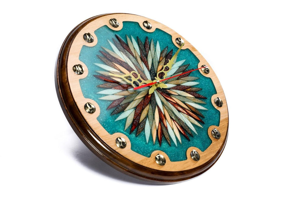 Wooden Wall Clock with Ornamental Starburst & Turquoise Epoxy, 30 cm