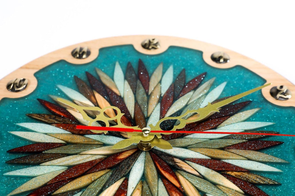 Wooden Wall Clock with Ornamental Starburst & Turquoise Epoxy, 30 cm – photo 5