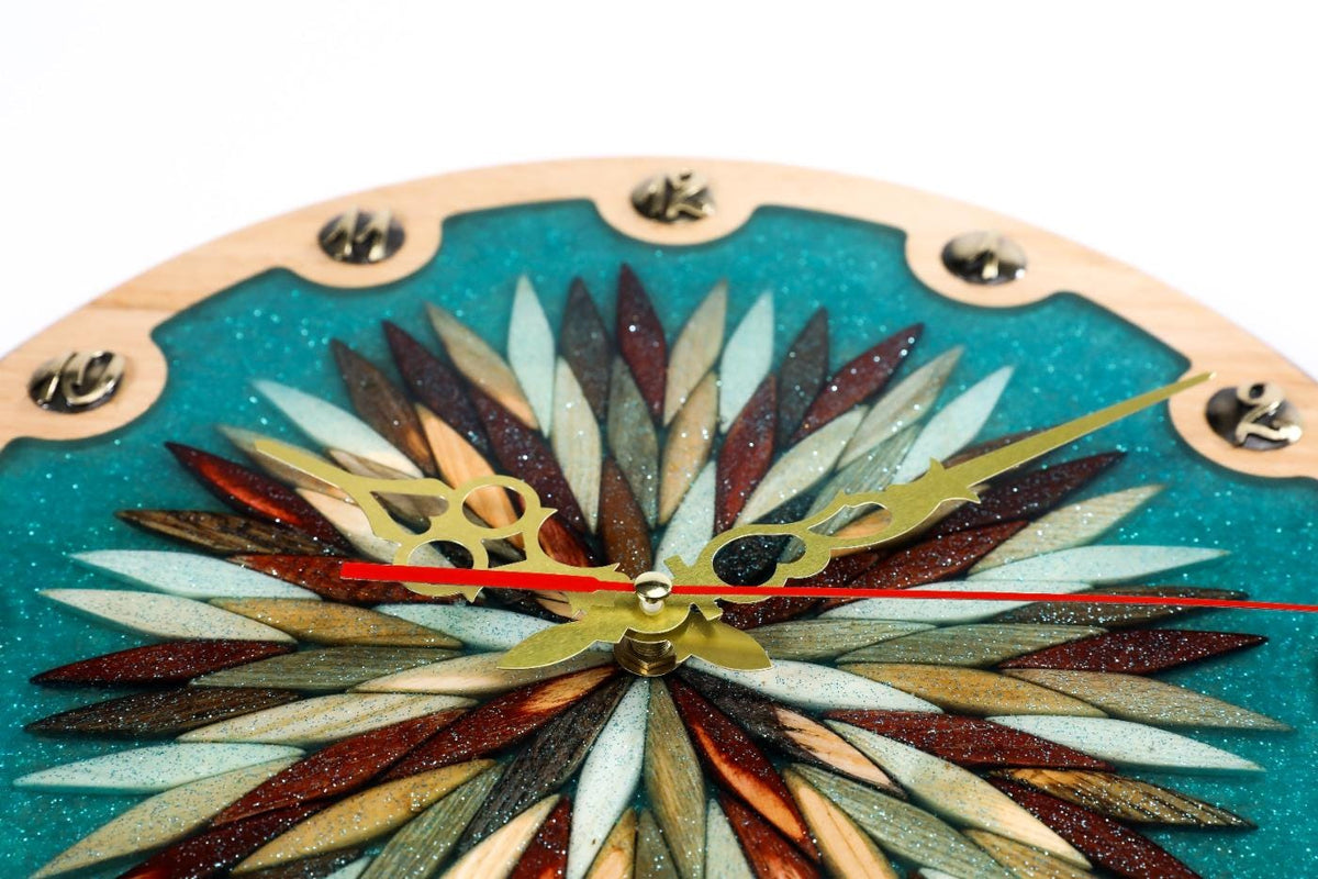 Wooden Wall Clock with Ornamental Starburst & Turquoise Epoxy, 30 cm – photo 5