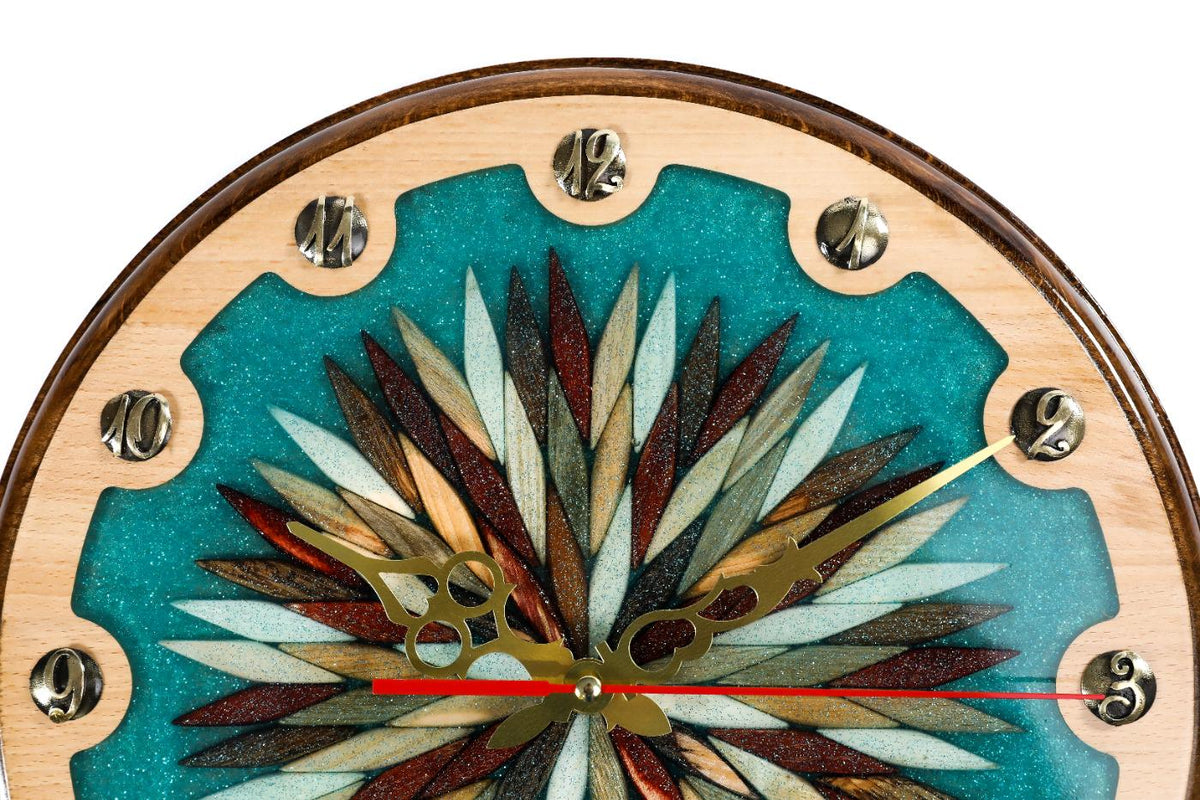 Wooden Wall Clock with Ornamental Starburst & Turquoise Epoxy, 30 cm – photo 2
