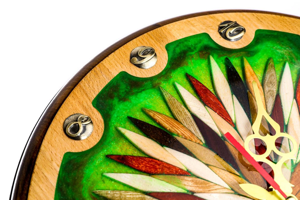 Wooden Wall Clock with Ornamental Starburst & Green Epoxy, 35 cm – photo 6