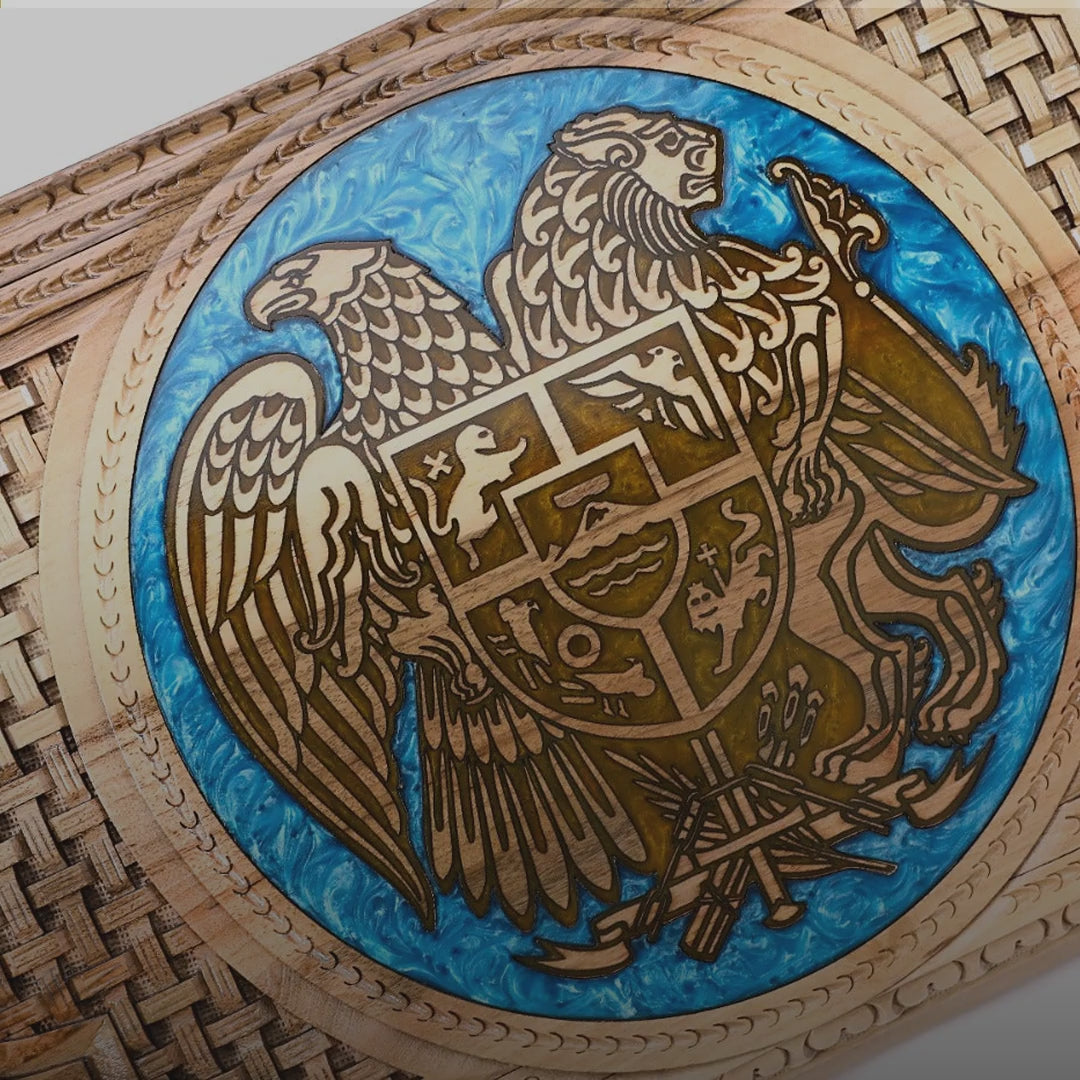 Walnut Backgammon Set with Armenian Coat of Arms, Braid Motifs & Epoxy, 60 cm – video