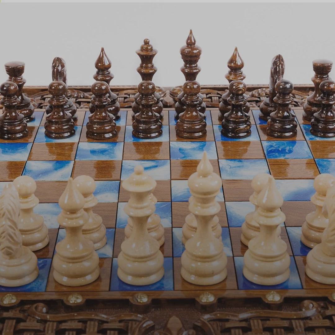 Walnut Chess & Backgammon Set with Braid Ornament & Epoxy, 60 cm – video