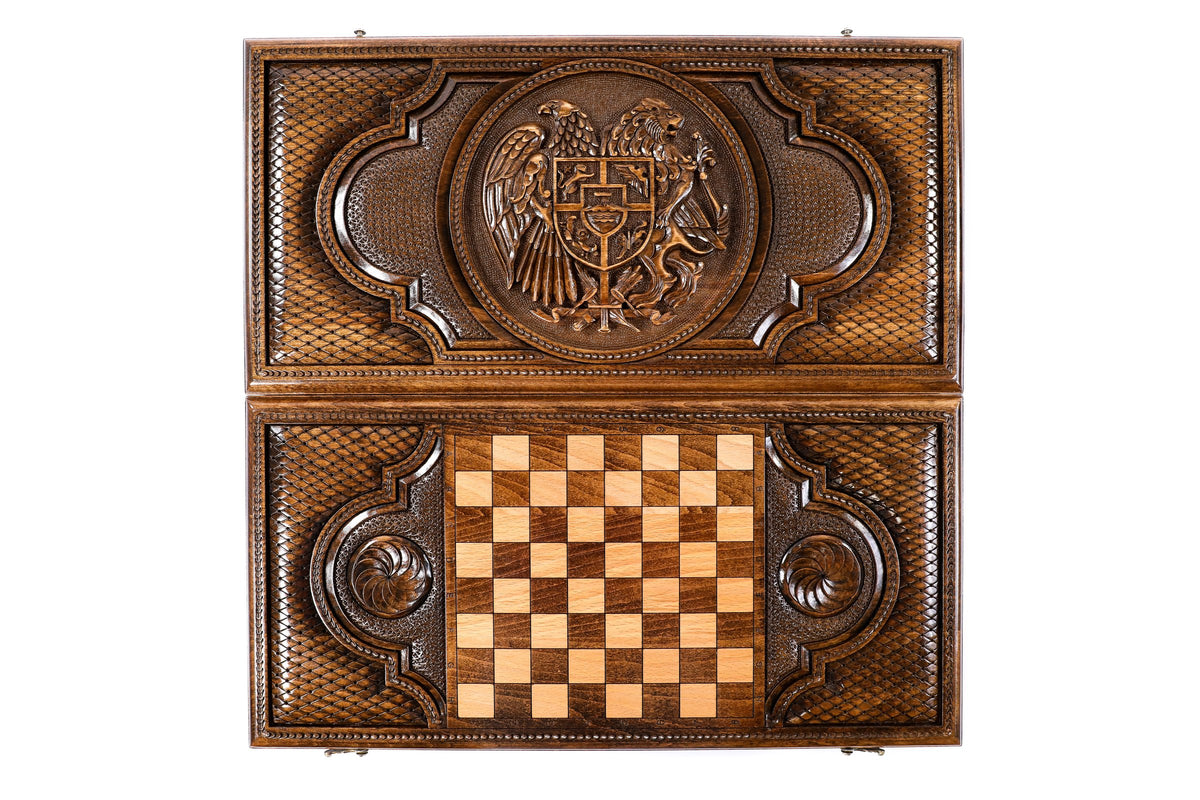 Handmade Wooden Backgammon Set with Armenian Coat of Arms, 60 cm (Model 11678)