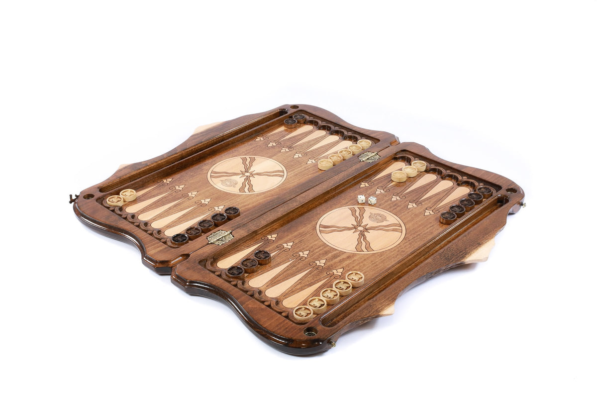 Handmade Wooden Two-Sided Backgammon Set with Assyrian Coat of Arms and Ararat Outline, 60 cm