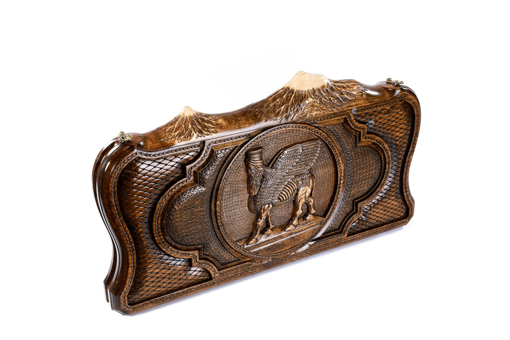 Handmade Wooden Two-Sided Backgammon Set with Assyrian Coat of Arms and Ararat Outline, 60 cm
