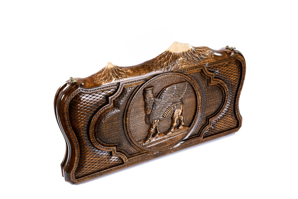 Handmade Wooden Two-Sided Backgammon Set with Assyrian Coat of Arms and Ararat Outline, 60 cm