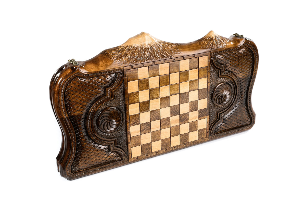 Handmade Wooden Backgammon Set with Garni Temple and Ararat Outline, 60 cm
