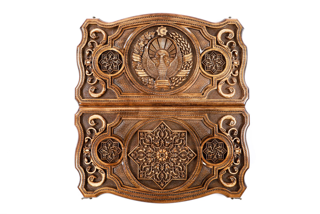 Handmade Wooden Two-Sided Backgammon Set with Uzbekistan Coat of Arms, 60 cm