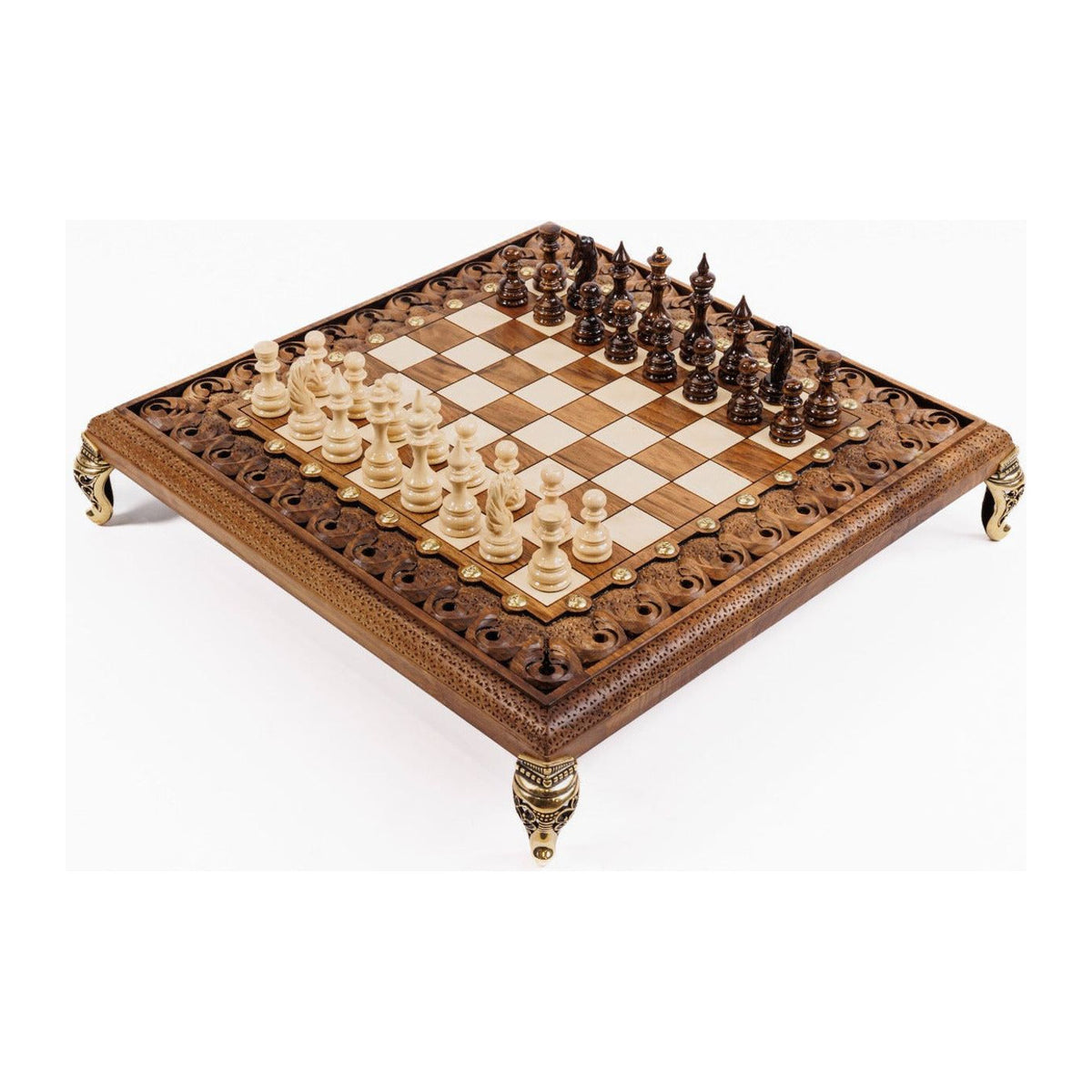 Walnut Square Chess Set with Bronze Legs, 40 cm