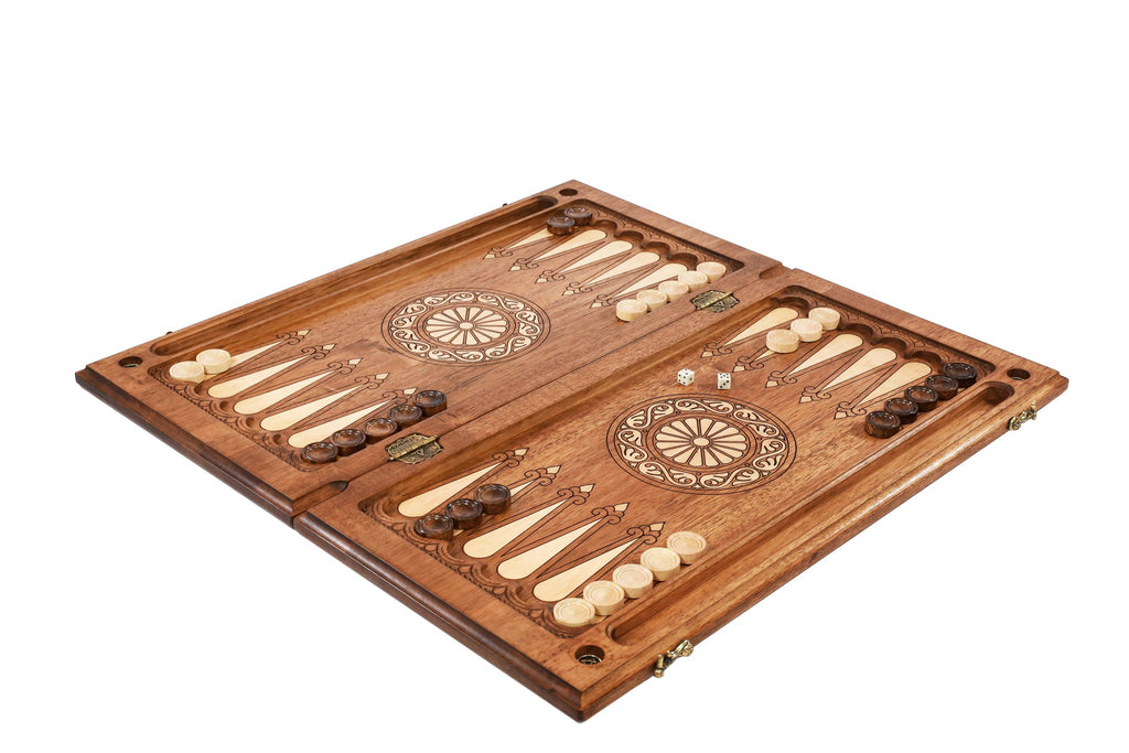 Handmade Walnut Backgammon Set with 100 Dollar Bill and Hornbeam Inlay, 60 cm