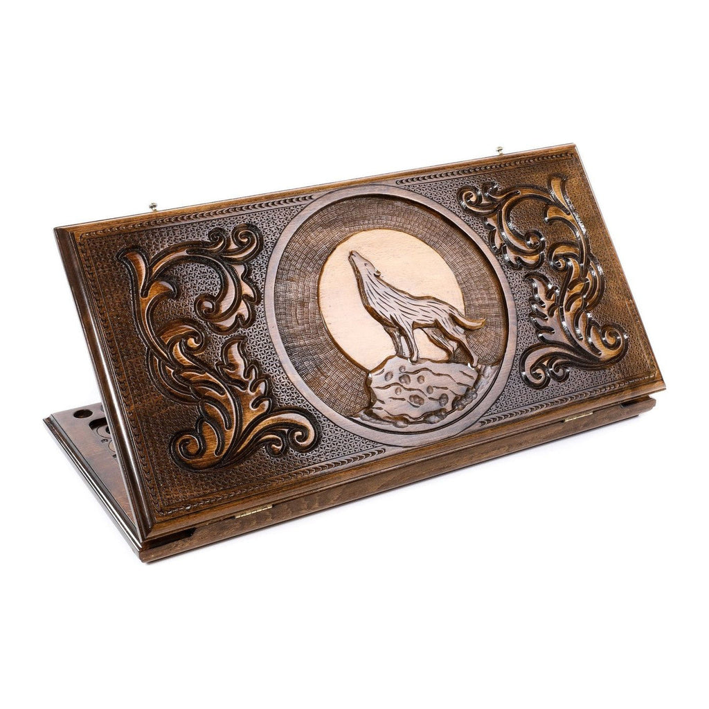 Backgammon Set with Wolf, 60 cm (Model 11931) – handmade wooden nardi board by Hrachya Ohanyan