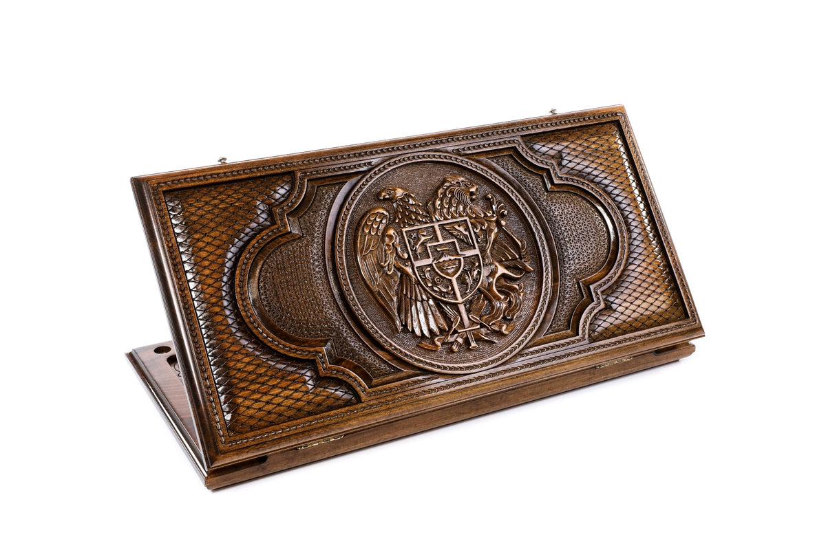 Handmade Wooden Backgammon Set with Armenian Coat of Arms, 60 cm (Model 11678)