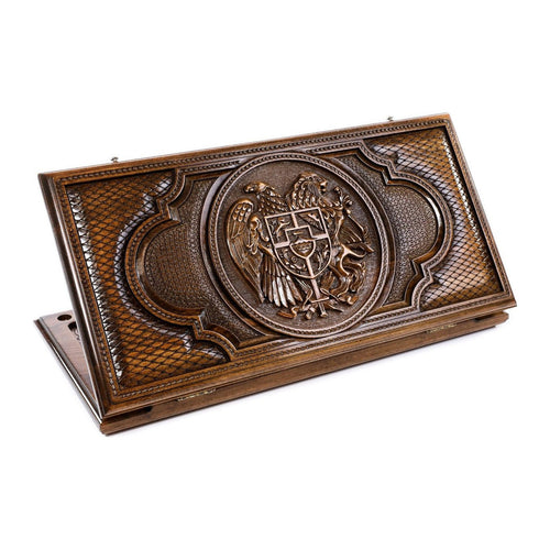 Backgammon Set with Armenian Coat of Arms, 60 cm – handmade wooden nardi board by Hrachya Ohanyan