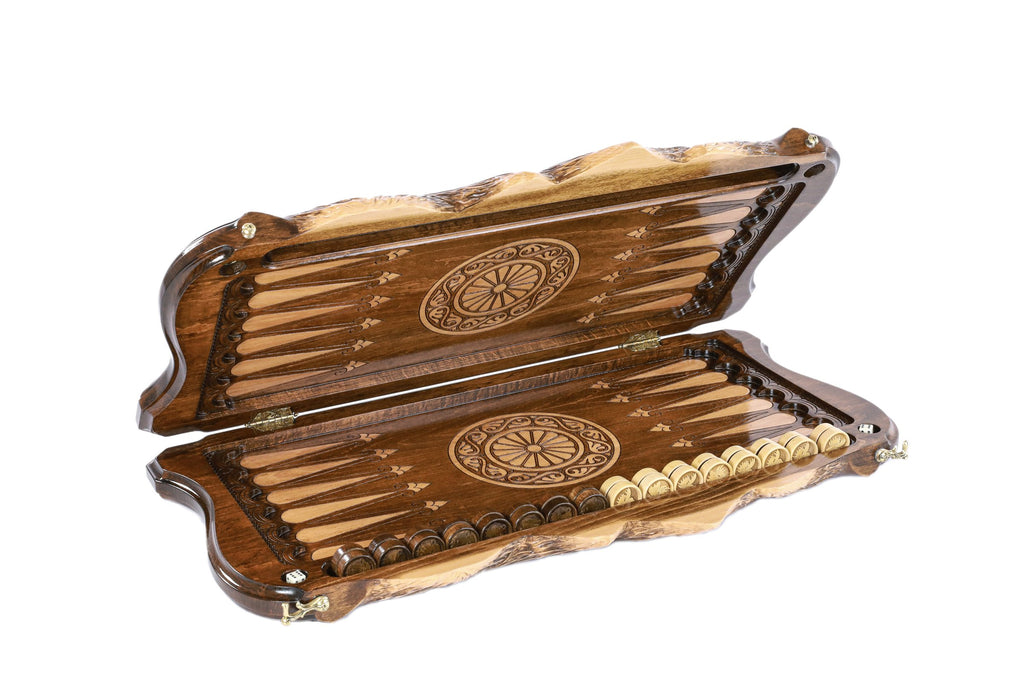 Handmade Wooden Two-Sided Backgammon Set with Deer and Bear, 60 cm
