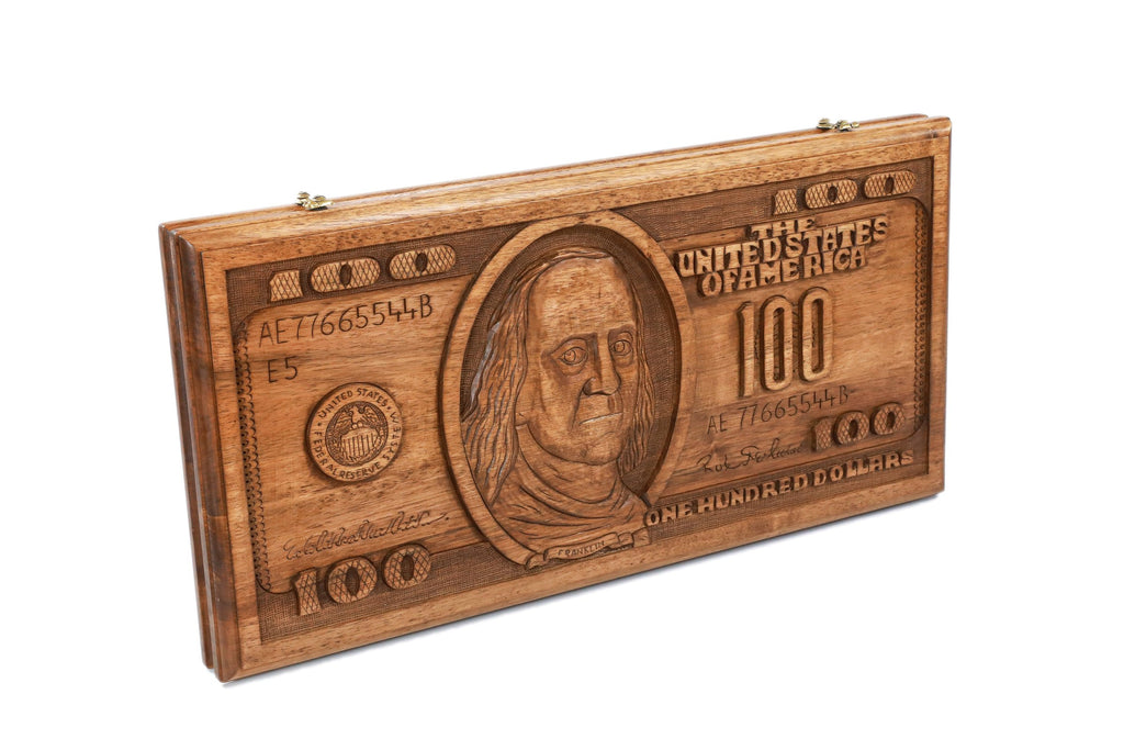 Handmade Walnut Backgammon Set with 100 Dollar Bill and Hornbeam Inlay, 60 cm