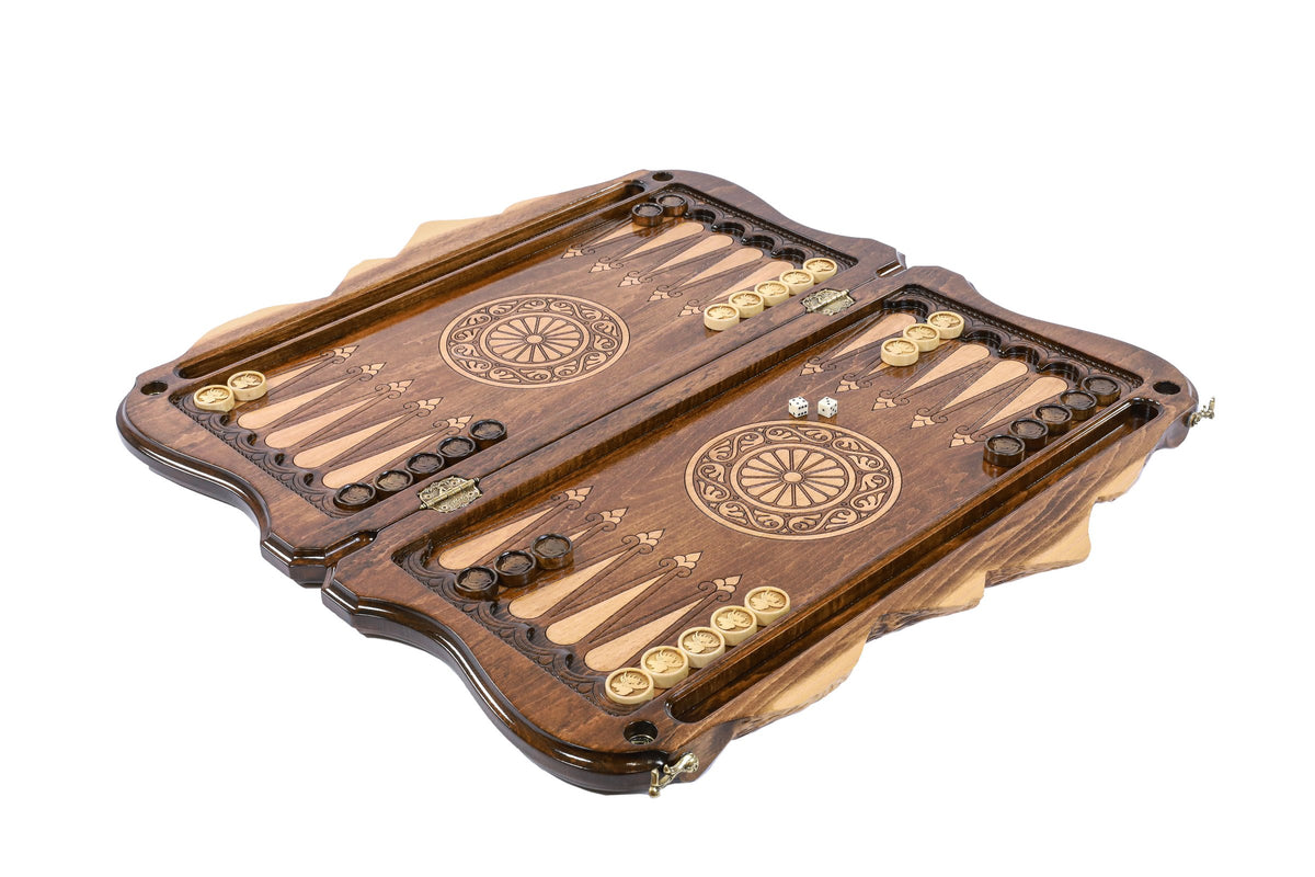 Handmade Wooden Two-Sided Backgammon Set with Deer and Bear, 60 cm