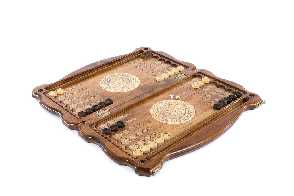 Handmade Wooden Two-Sided Backgammon Set with Uzbekistan Coat of Arms, 60 cm