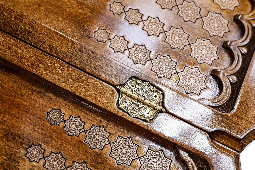 Handmade Wooden Two-Sided Backgammon Set with Uzbekistan Coat of Arms, 60 cm