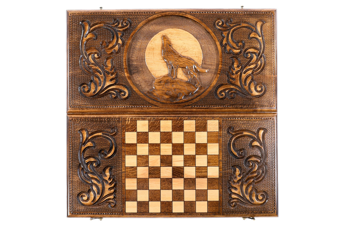 Handmade Wooden Backgammon Set with Wolf, 60 cm (Model 11931)