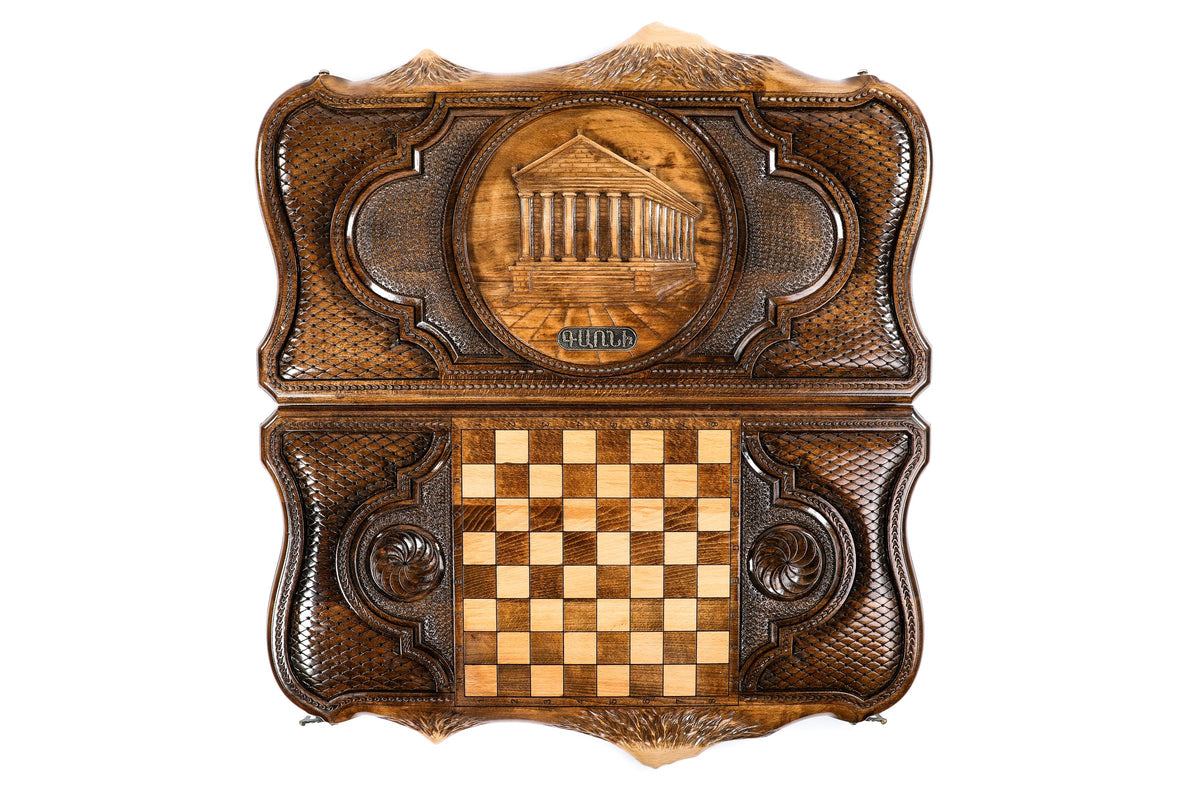 Handmade Wooden Backgammon Set with Garni Temple and Ararat Outline, 60 cm
