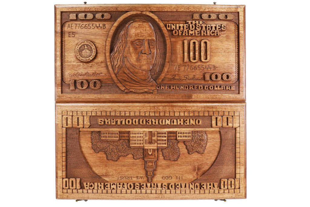 Handmade Walnut Backgammon Set with 100 Dollar Bill and Hornbeam Inlay, 60 cm