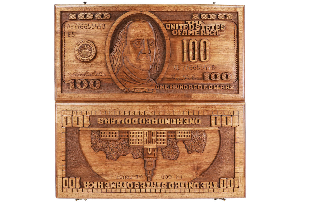 Handmade Walnut Backgammon Set with 100 Dollar Bill and Hornbeam Inlay, 60 cm