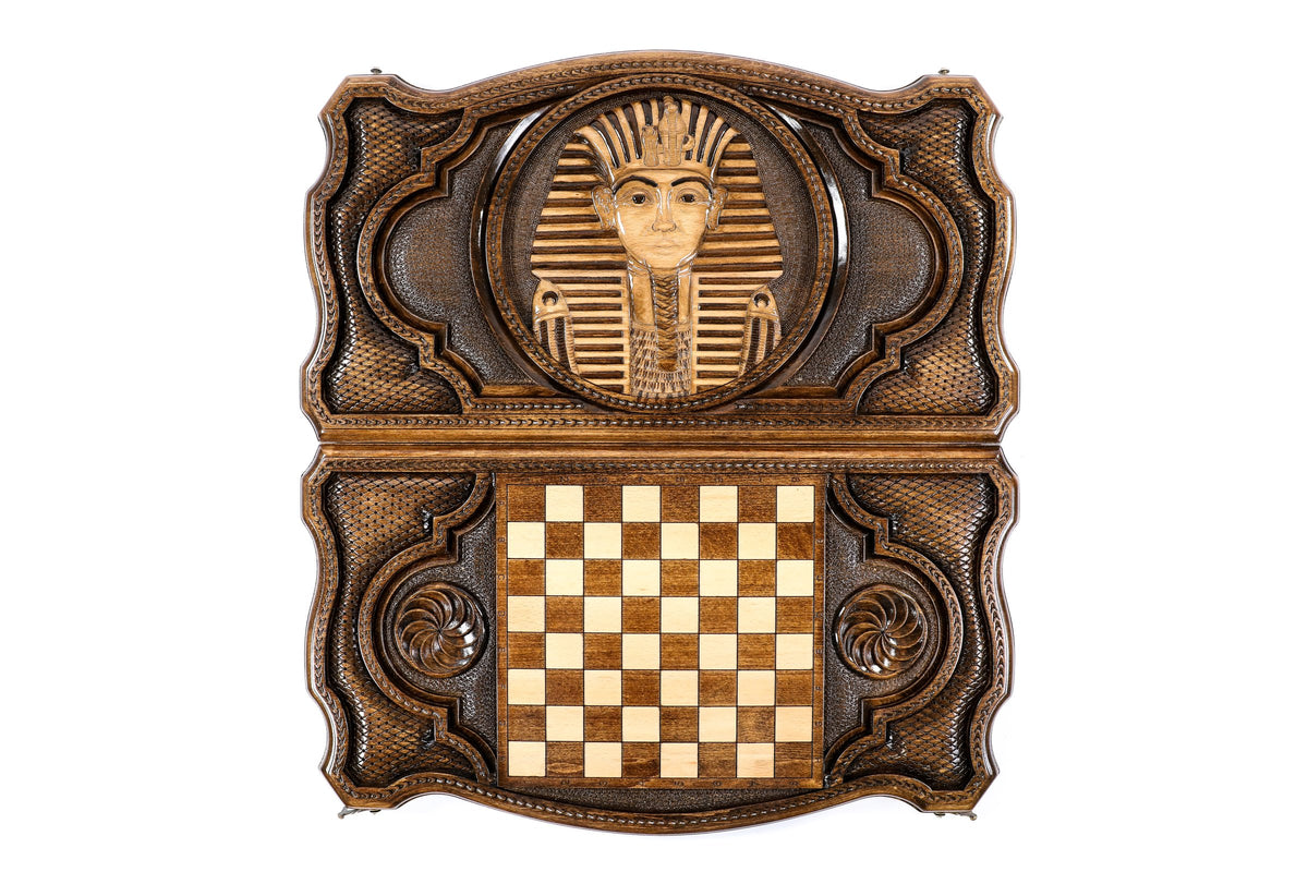 Handmade Wooden Backgammon Set with Tutankhamun, 60 cm (Model 11341)