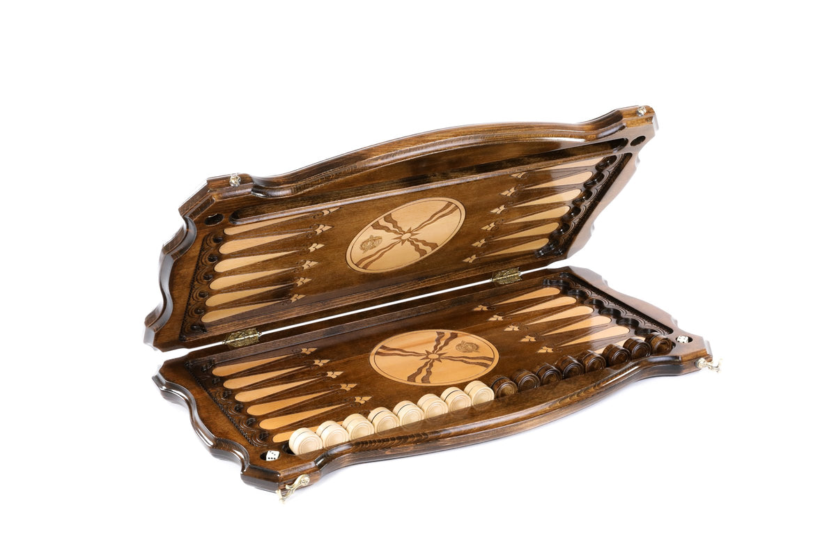Handmade Wooden Backgammon Set with Assyrian Coat of Arms, 60 cm
