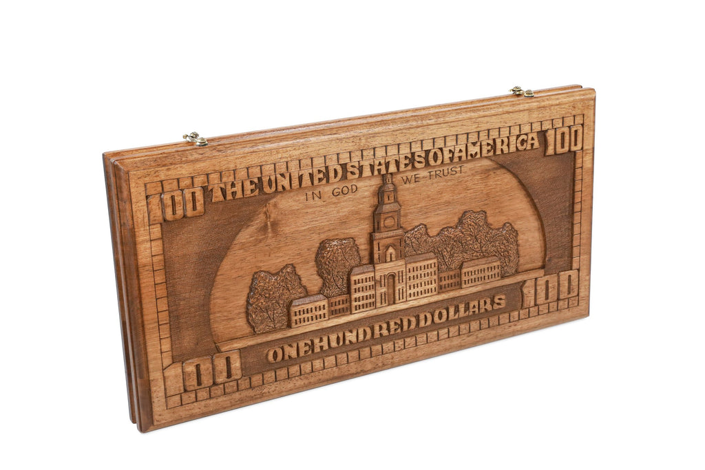 Handmade Walnut Backgammon Set with 100 Dollar Bill and Hornbeam Inlay, 60 cm
