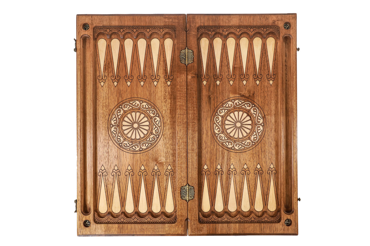 Handmade Walnut Backgammon Set with 100 Dollar Bill and Hornbeam Inlay, 60 cm