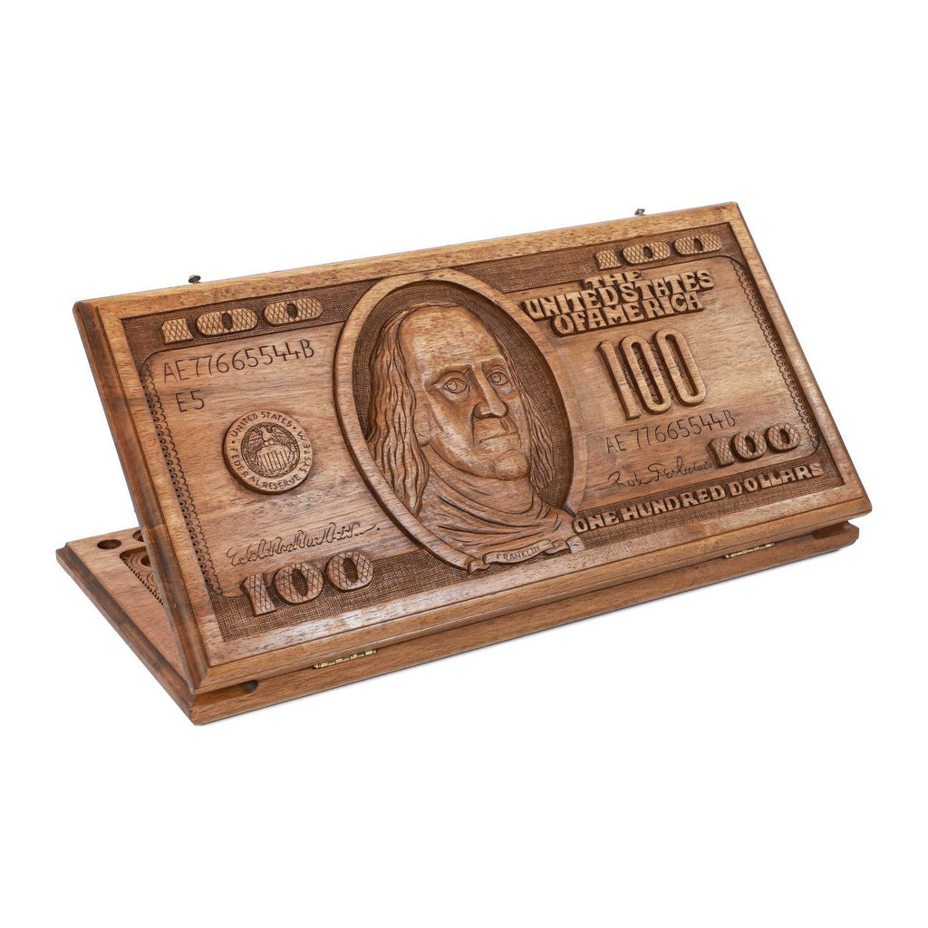 Handmade Walnut Backgammon Set with 100 Dollar Bill and Hornbeam Inlay, 60 cm