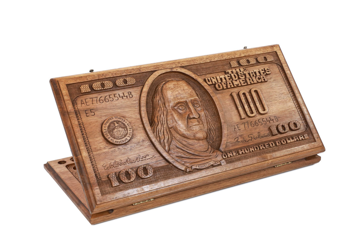 Handmade Walnut Backgammon Set with 100 Dollar Bill and Hornbeam Inlay, 60 cm