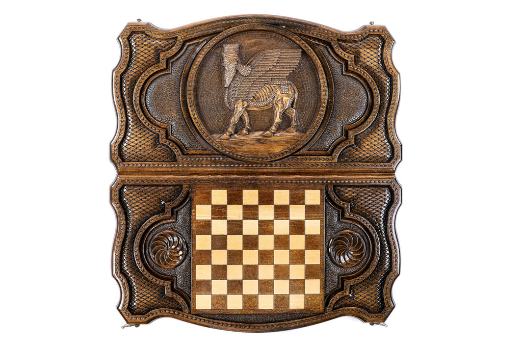 Handmade Wooden Backgammon Set with Assyrian Coat of Arms, 60 cm