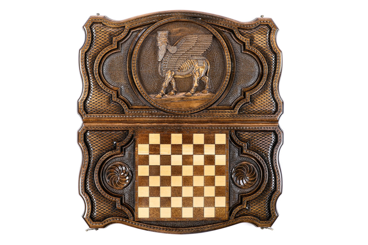 Handmade Wooden Backgammon Set with Assyrian Coat of Arms, 60 cm