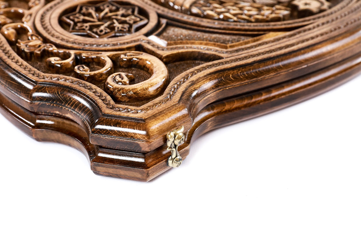 Handmade Wooden Two-Sided Backgammon Set with Uzbekistan Coat of Arms, 60 cm