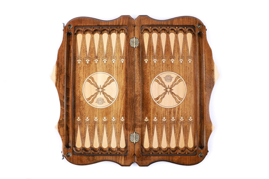 Handmade Wooden Two-Sided Backgammon Set with Assyrian Coat of Arms and Ararat Outline, 60 cm