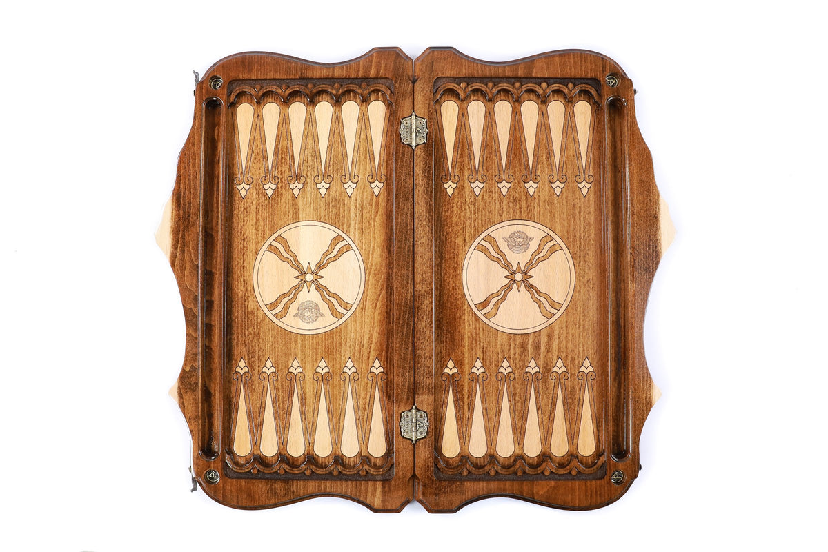 Handmade Wooden Two-Sided Backgammon Set with Assyrian Coat of Arms and Ararat Outline, 60 cm