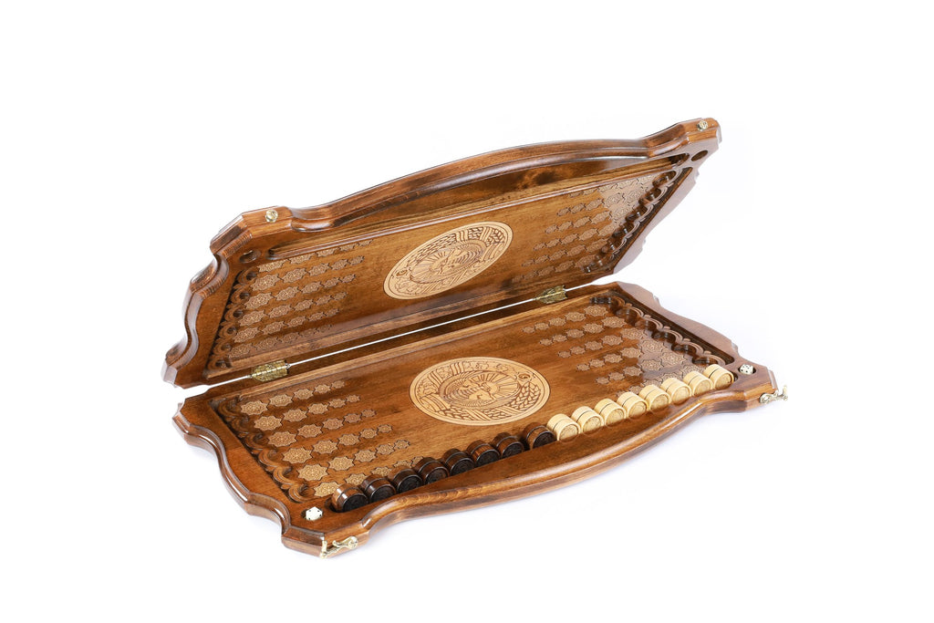 Handmade Wooden Two-Sided Backgammon Set with Uzbekistan Coat of Arms, 60 cm