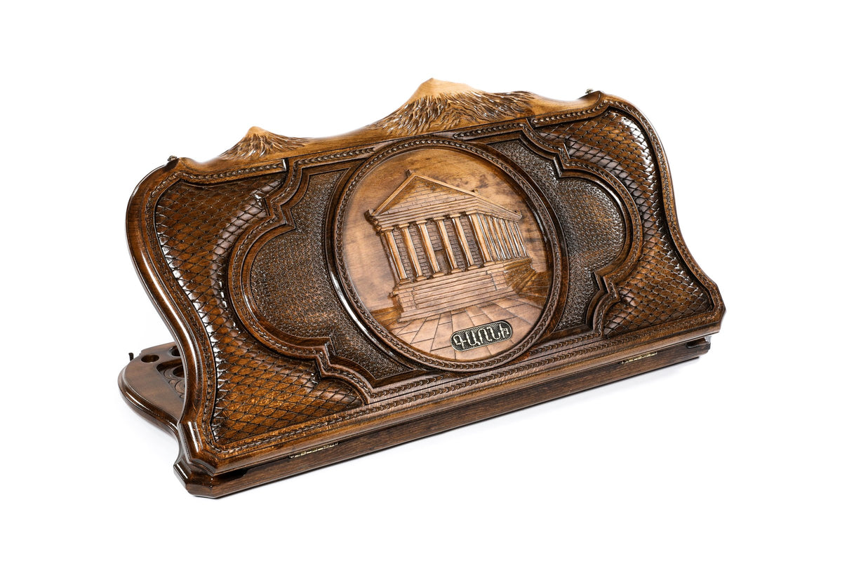 Handmade Wooden Backgammon Set with Garni Temple and Ararat Outline, 60 cm