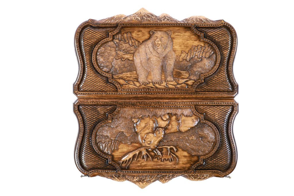 Handmade Wooden Two-Sided Backgammon Set with Deer and Bear, 60 cm