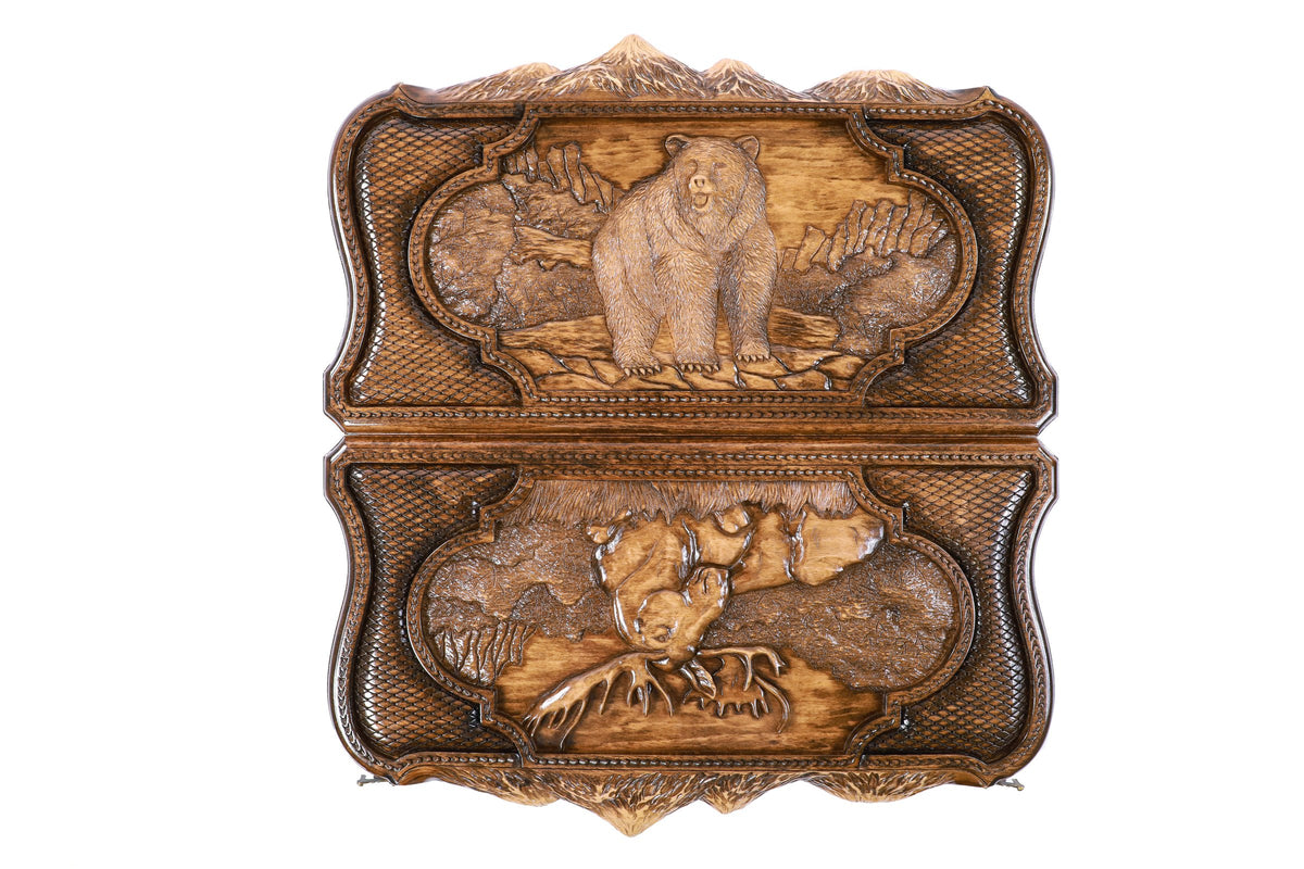 Handmade Wooden Two-Sided Backgammon Set with Deer and Bear, 60 cm