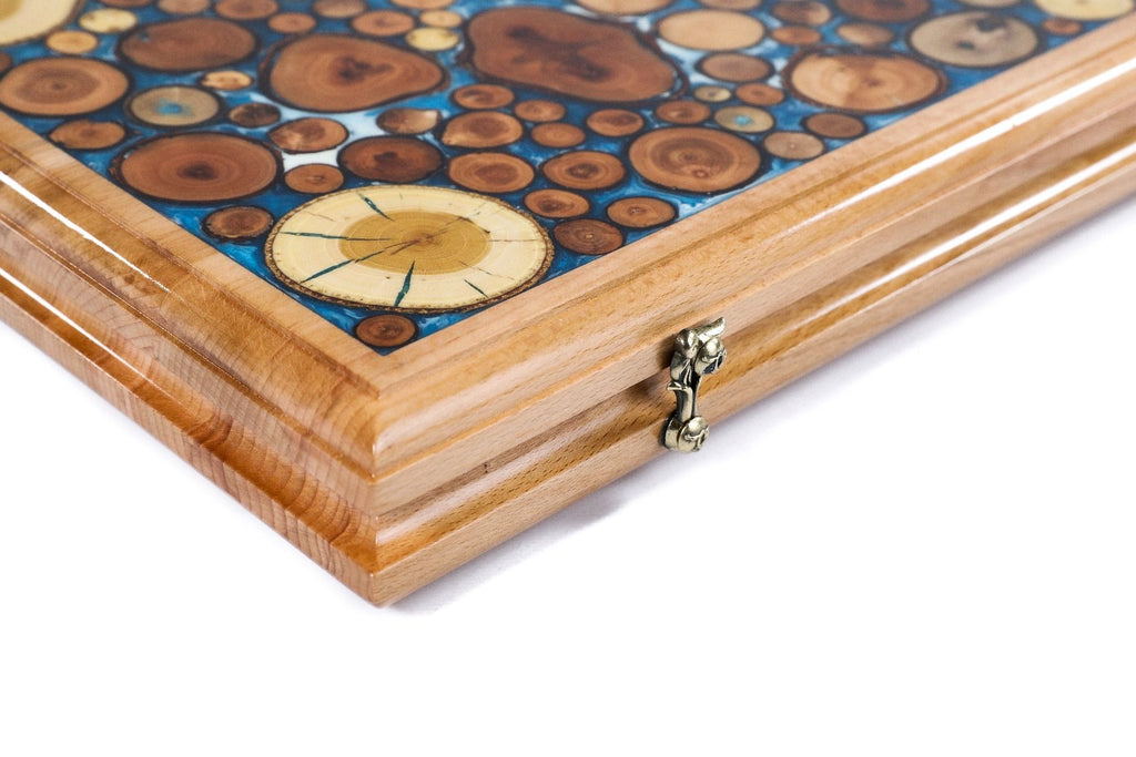 Backgammon With Tree Branch Slices And Epoxy Two-Sided Classic Blue - HrachyaOhanyan Co