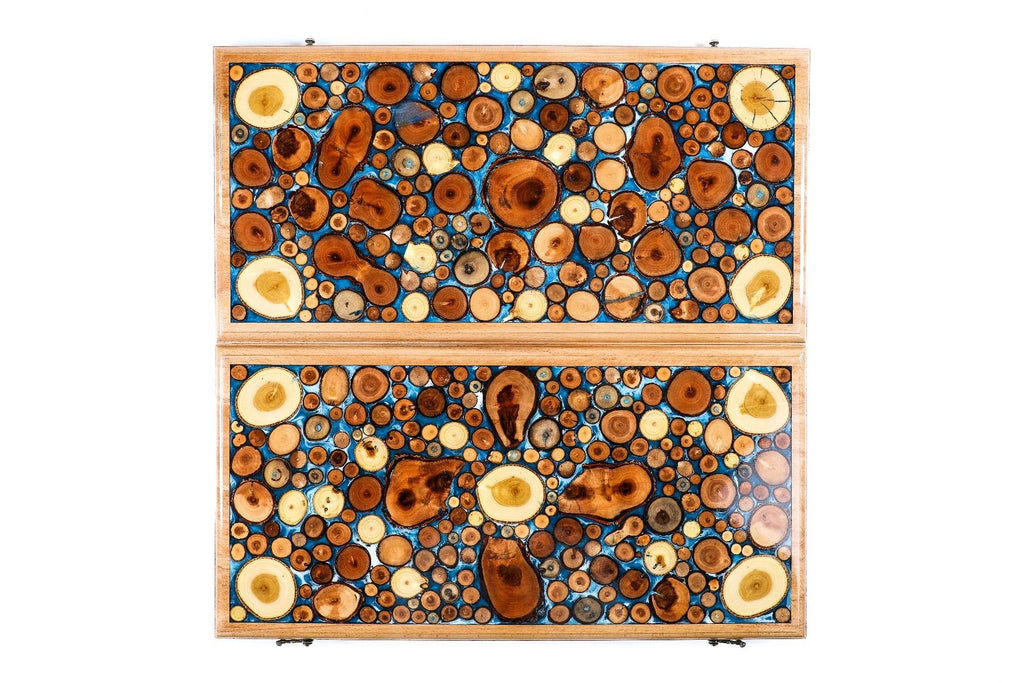 Backgammon With Tree Branch Slices And Epoxy Two-Sided Classic Blue - HrachyaOhanyan Co