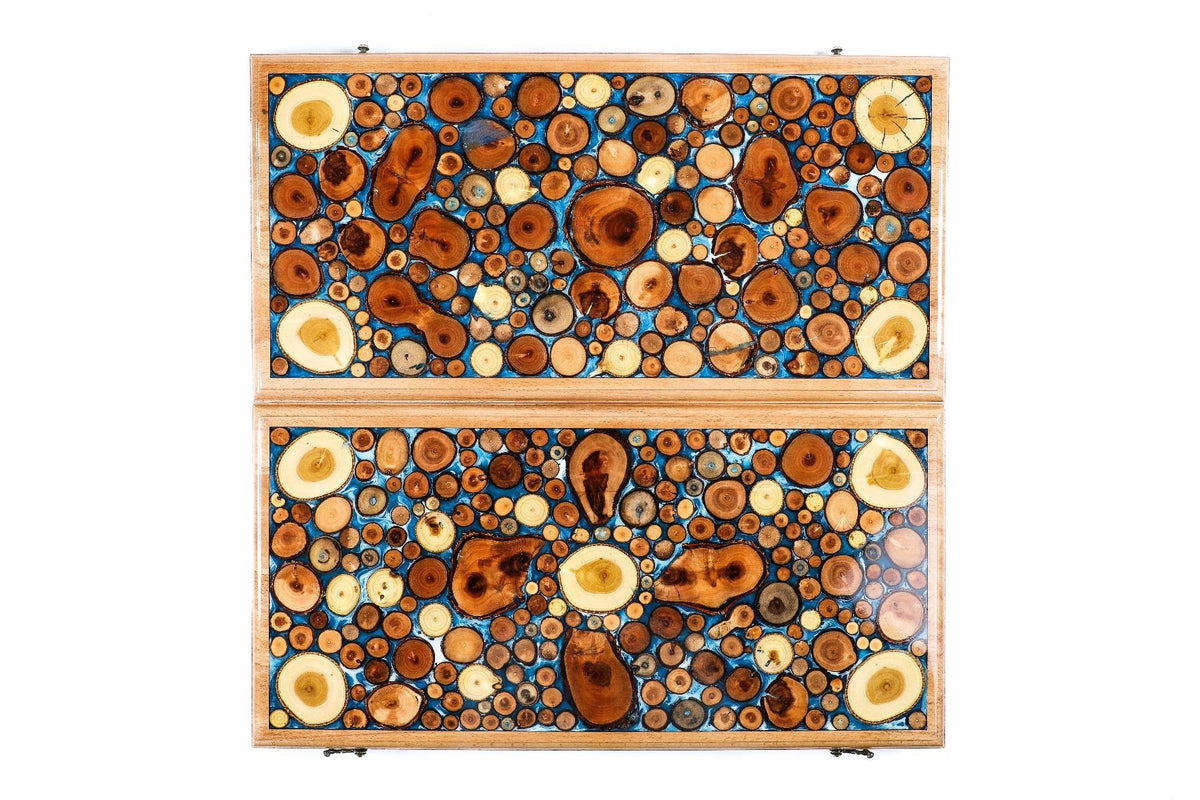 Backgammon With Tree Branch Slices And Epoxy Two-Sided Classic Blue - HrachyaOhanyan Co